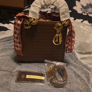 Brown Woven Handbag with Gold Accents
